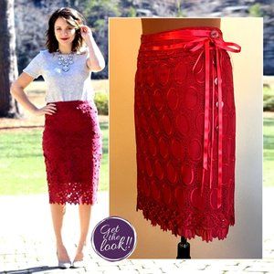 SYLVIA RIELLE Parisian Designer Red Lace Skirt